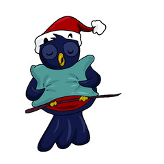 Cute bullfinch in a hat. Vector children's sticker design on white isolated background.