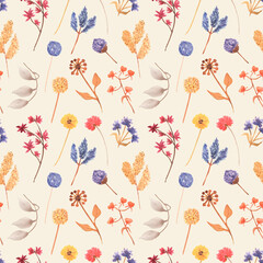 Wildflowers Seamless Pattern, Watercolor Meadow flowers paper, botanical dried herbs repeat pattern, floral printing design, Nature pattern