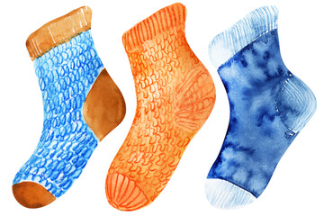Watercolor illustration with multicolored knitted socks