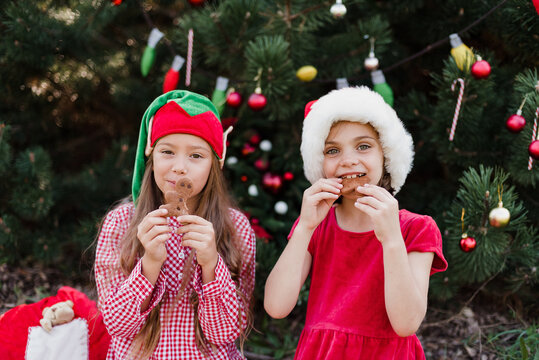 Merry Christmas. Portrait of two funny children girls in Santa hat eating gingerbread cookies drinking hot chocolate
