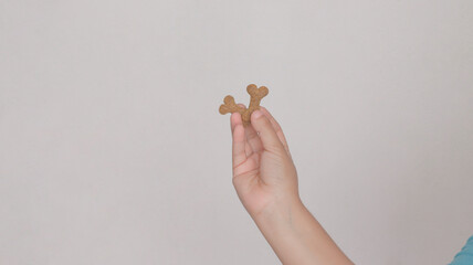 Hand with two bone-shaped croquettes, for dogs, on white background.