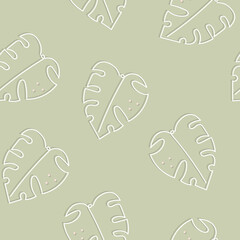 Vector Abstract Monstera Leaves Lineart on Pastel Green seamless pattern background. Perfect for fabric, scrapbooking and wallpaper projects.