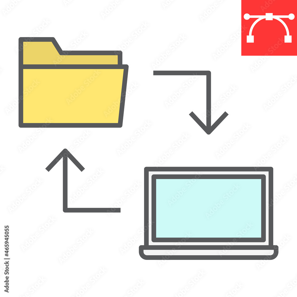 Poster data share color line icon, database and transfer, laptop with folder vector icon, vector graphics, 