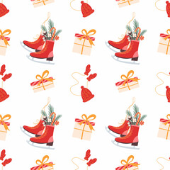 Winter new year pattern vector hand drawing holiday christmas illustration with skates candy gifts poinsettia for fabric gift paper print in red green yellow white colors. Vector illustration. Vector