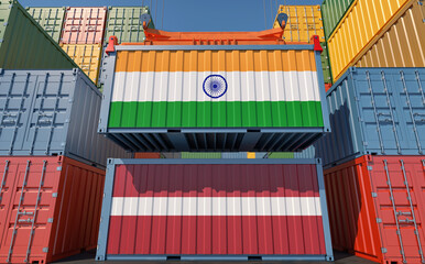 Fototapeta premium Shipping containers with Latvia and India national flag. 3D Rendering 