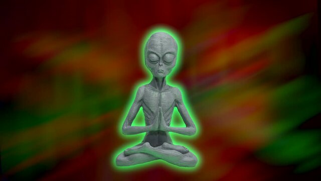 Computer animated Alien doing Yoga and Colorful Northern Lights flashing on black sky in background - Aurora Borealis 