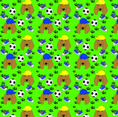A seamless pattern with spaniel dogs, soccer balls and sneakers 