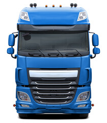 Powerful, modern European blue truck. Front view isolated on white background.