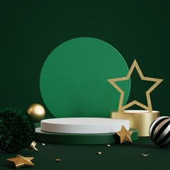 Christmas background with podium for product display. 3d rendering. Green background.