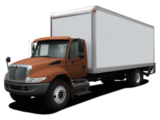 Modern delivery truck with a brown cab. Front side view isolated on white background.