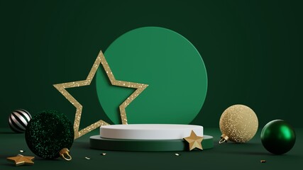 Christmas background with podium for product display. 3d rendering. Green background.
