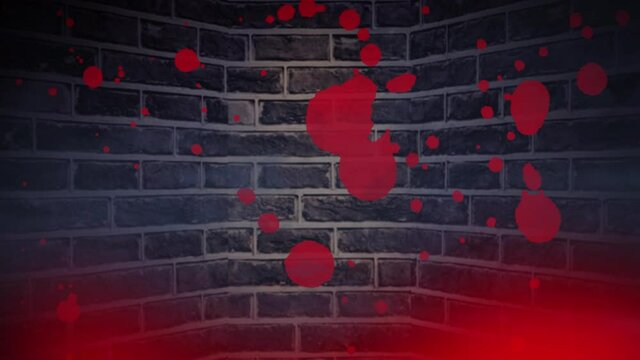 Animation of spots of lights over halloween blood stain over brick background