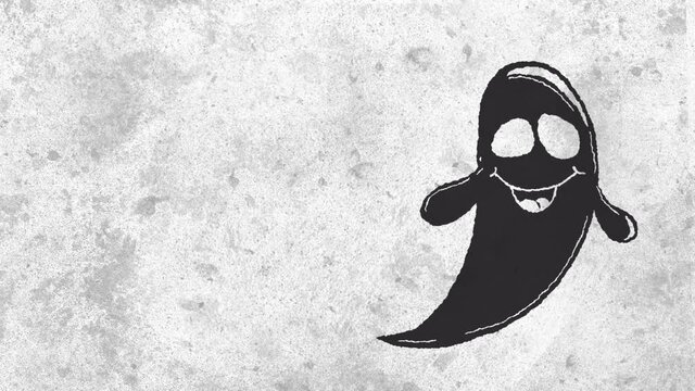 Animation of halloween ghost over moving white and grey background