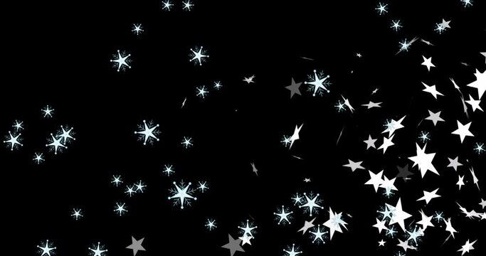 Animation of christmas stars and snowflakes falling over black background