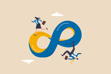 Business cycle, infinity routine job or career path, competition to success or working process loop, impossible illusion concept, businessman and businesswoman running on never ending infinity loop. - obrazy, fototapety, plakaty
