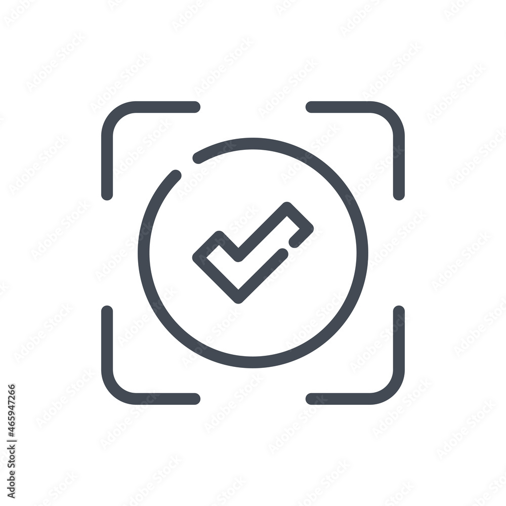 Poster scanning complete line icon. scan frame with check mark in circle vector outline sign.