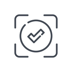 Scanning complete line icon. Scan frame with check mark in circle vector outline sign.