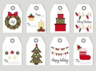 Christmas gift tags, collection of printable gift labels. Set of holiday Christmas gift tags in trendy collors. Christmas and New Year gift tags for winter holidays. Printable items Christmas labels.