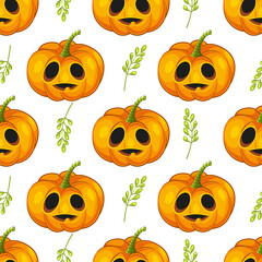 Patterns main symbol of Happy Halloween holiday with different emotions. Seamless Orange unusual pumpkins with a smile for your design for the holiday Halloween on white background.Vector illustration