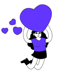 Woman jump with heart. Young female character.