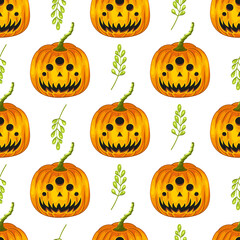 Patterns main symbol of Happy Halloween holiday with different emotions. Seamless Orange unusual pumpkins with a smile for your design for the holiday Halloween on white background.Vector illustration