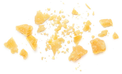Parmesan cheese  crumbs (Parmigiano, Grana)  isolated on white background.  Flat lay, top view..