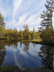 Trees with yellow leaves stand on the shore of the lake and are reflected in the water.