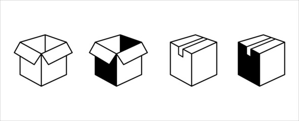 Carton box icon set. Cardboard box vector icons set. Opened and closed carton box. Assorted delivery packaging, symbol of shipping transportation. Simple isometric flat line illustration.