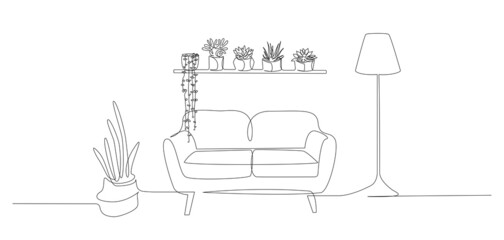 Continuous one line drawing of sofa and wall shelf with potted plants and floor lamp. Modern scandinavian furniture couch in simple linear style. Doodle vector illustration © Olga Rai