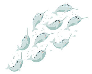 A flock of narwhals on an isolated background. Vector illustration with Arctic whales