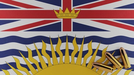 Three 9mm bullets on the bottom right corner on top of the flag of British Columbia