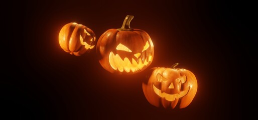 Halloween - Jack O' Lanterns - Candles And String Lights On Wooden Table 3d render