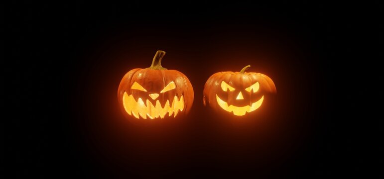 Halloween - Jack O' Lanterns - Candles And String Lights On Wooden Table 3d render