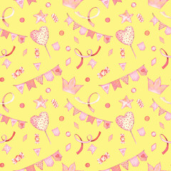 Cute watercolour hand drawn kids elements seamless pattern. Rainbow and hearts pink childish background.