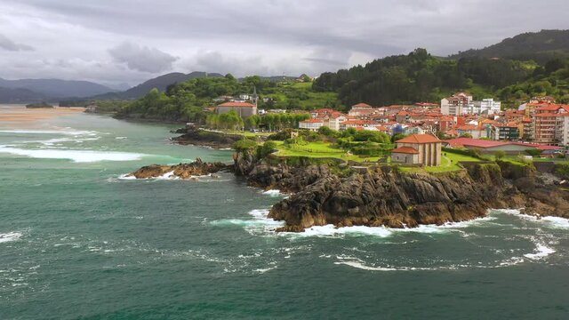 Aerial drone view of the Urdaibai Biosphere Reserve in Mudaka in the Basque Country
