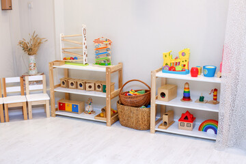 Montessori material, Kindergarten Preschool Classroom Interior, wooden furniture and toys, didactic materials - 465952053