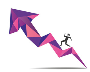 Man running up a modern Illustration of a purple arrow graph pointing up on an white background, growth, business graph, performance, business performance
