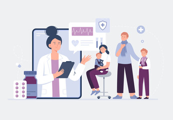 Fototapeta na wymiar Modern family on online consultation with a therapist. Video call with doctor. Online medical services, consultation and telemedicine concept. Vector flat illustration.