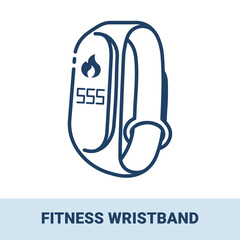 Fitness wristband with number of calories on the screen outline icon with title. Collection of electronic devices and gadgets icons. Vector monochrome illustrations isolated on white background.