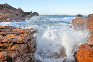 Beautiful seascape on the pink granite coast at Ploumanac'h in Brittany. France
