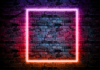 Brick wall background with color neon glowing light - obrazy, fototapety, plakaty