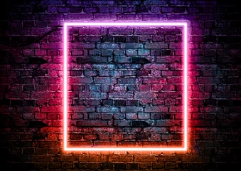 Foto op Plexiglas Brick wall background with color neon glowing light © Buso87
