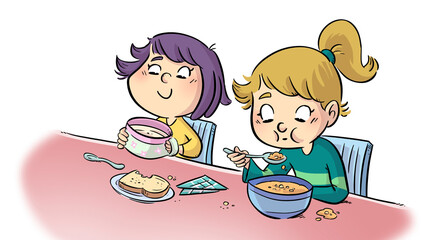 Illustration of two little girls having breakfast at the table