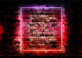 Brick wall background with color neon glowing light