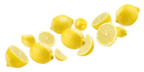 Flying lemon fruits, isolated on white background