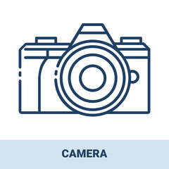Photo camera outline monochrome icon with title. Collection of electronic devices and gadgets icons. Vector monochrome illustrations isolated on white background.