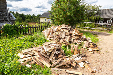Chopped and stacked up dry firewood at the countryside