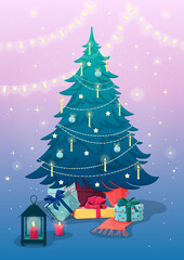 Christmas holiday card. Vector colorful illustration for the new year. Decorated Christmas tree with candles and lanterns. Gift boxes decorated with bows. Background with a gradient.