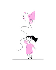 Cute cartoon girl with kite. Pink colour. Vector illustration.
