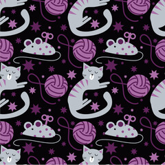 Vector seamless pattern with cats, mouse toy and ball of thread  in Scandinavian style for fabrics, paper, textile, gift wrap isolated on black background